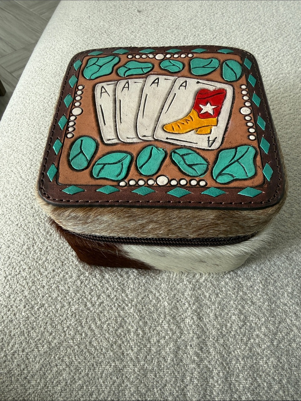 Handcrafted Brown Leather Jewelry Travel Box with Turquoise Accents